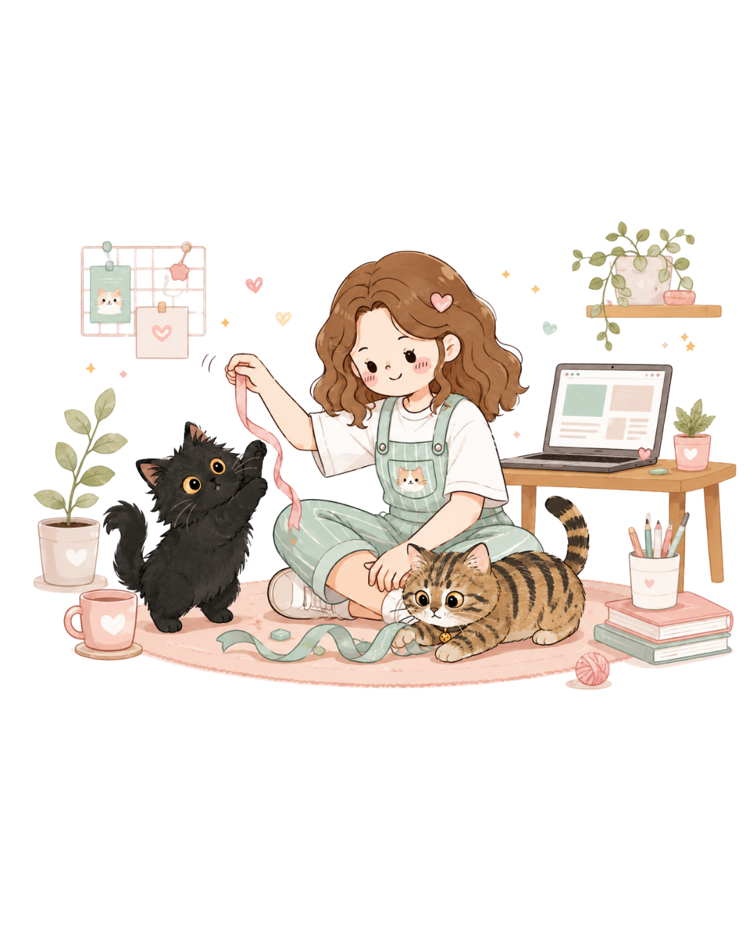 女性と猫が作業しているイラスト