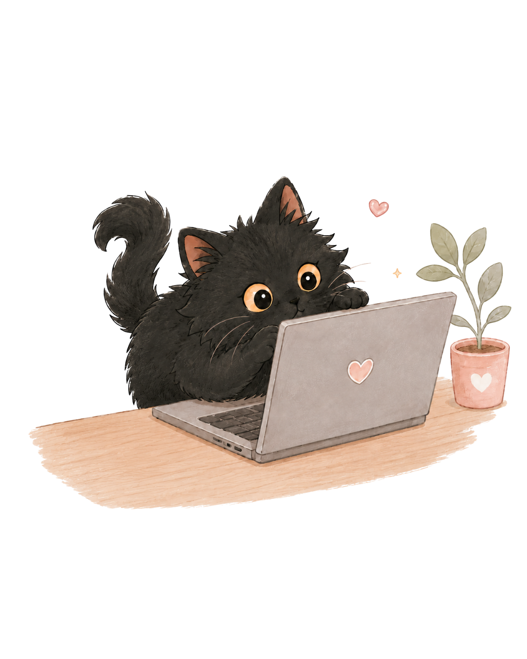パソコンを見る黒猫のイラスト
