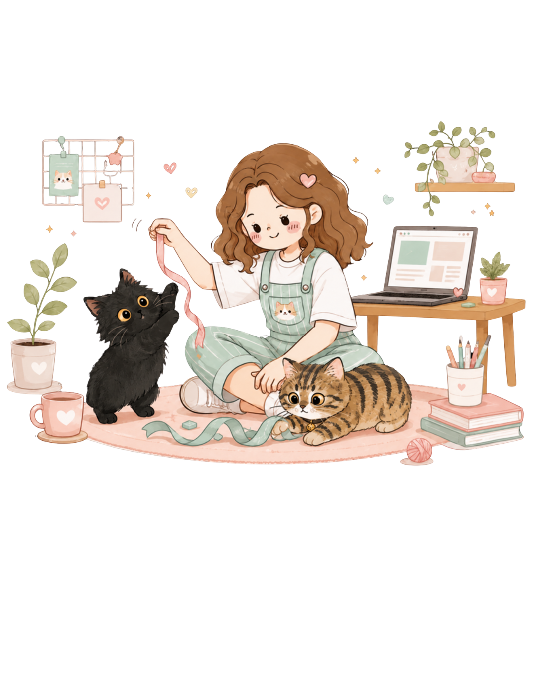 黒猫とキジトラ猫と遊ぶ女の子