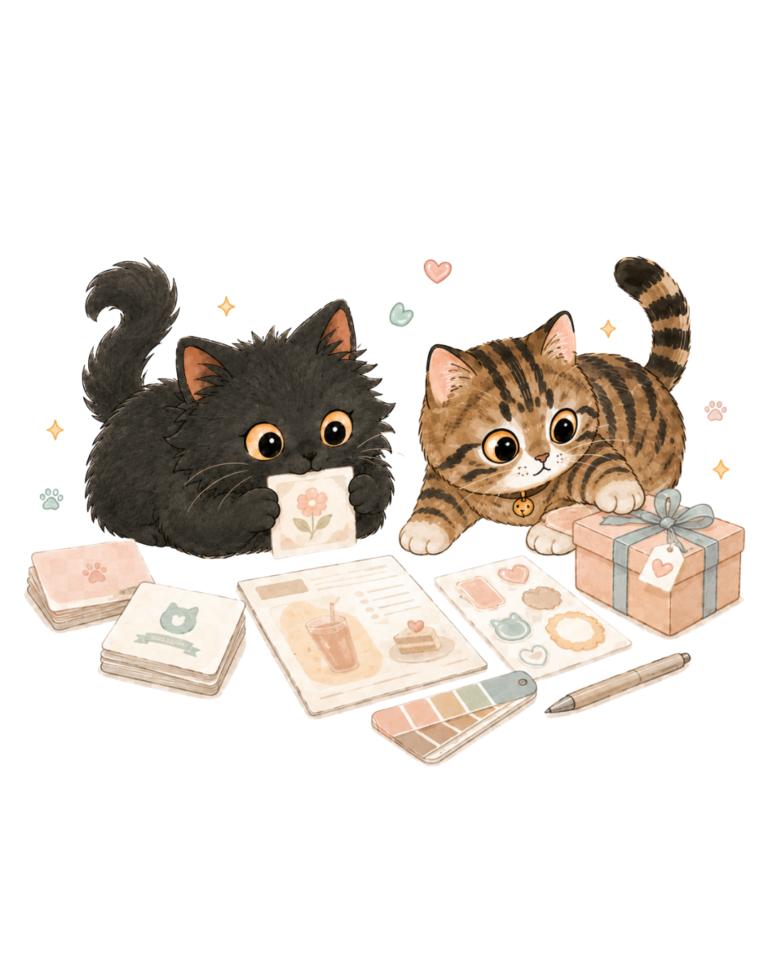 デザイン素材を眺める猫のイラスト